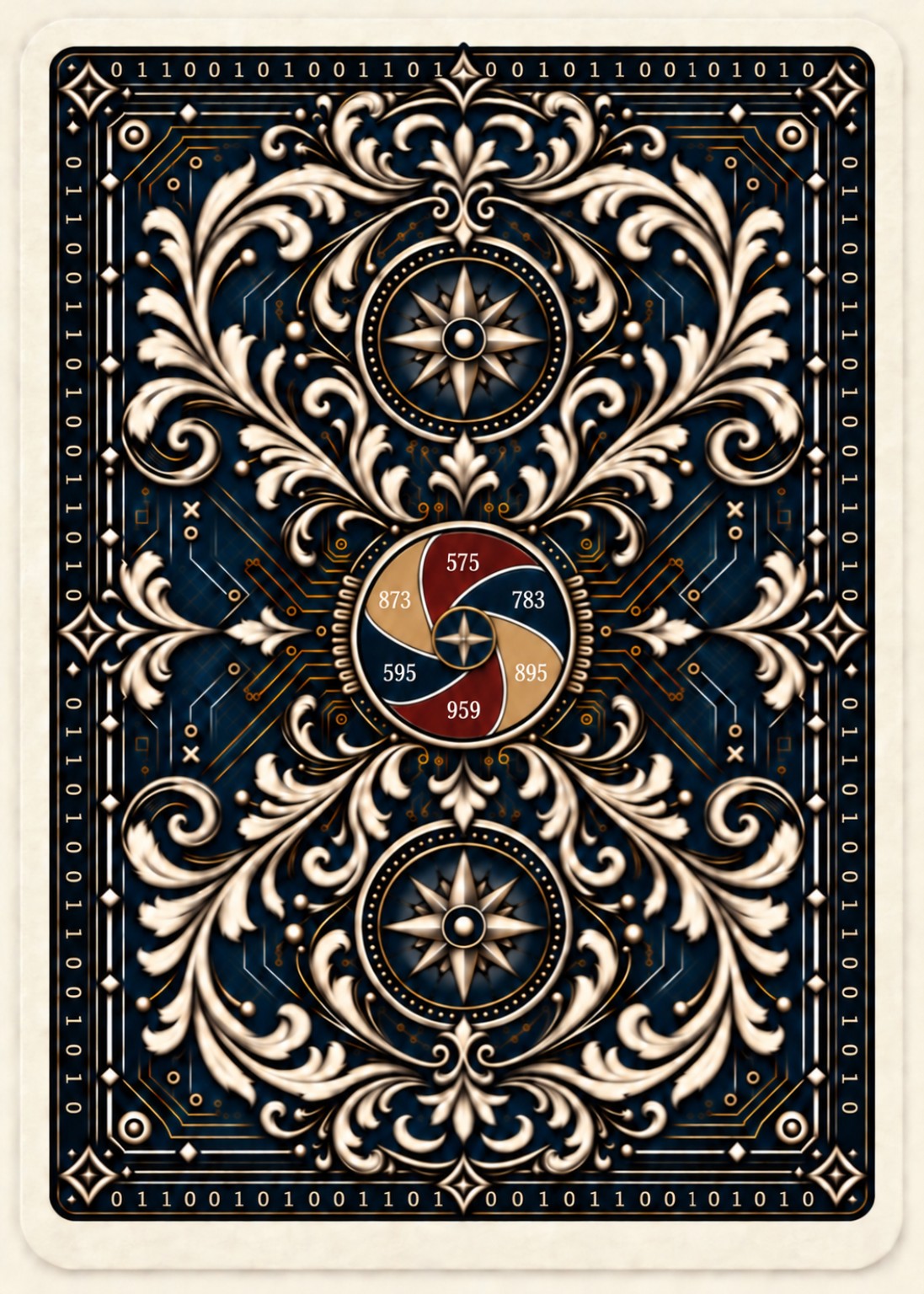 Deal Me AI ornate navy, ivory and gold coded playing-card back, showing the six-part code wheel
